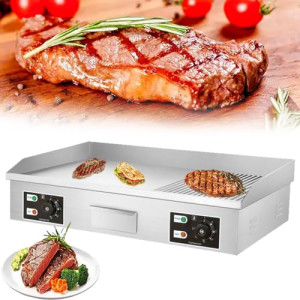 Commercial Electric Griddle,Electric Countertop Flat Top Griddle 220V 4400W Half Grooved/Flat, Non-Stick Restaurant