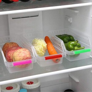 Fridge Food Container, Kitchen Storage Basket, Plastic Drawer Organizer Shelf Storage Box with Handle, 3 Packs