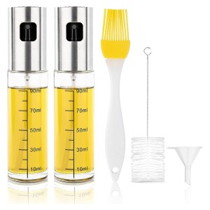 Oil Sprayer for Cooking, 2pack Olive Oil Sprayer Mister Refillable Oil Vinegar Dispenser Glass Bottle with Measurements Funnel Oil Brush Cleaning Brush