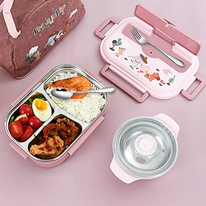 Lunch Box for Kids School, Cute 316 Stainless Steel Lunch Box, 3 Compartments Bento Box for Boys Lunch Bag, Food Carrier for Travel Picnic (Pink)