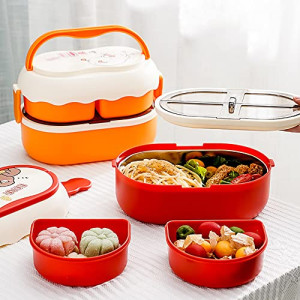 Bento Lunch Box, Cute 304 Stainless Steel Lunch Box for Kids School, 2 Layers 3 Containers Food CarrierChristmas Gift (Red)