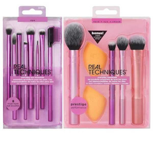 Real Techniques Makeup Brush Set with 2 Sponge and Everyday Eye Essential Set