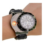 Men's Leather Analog Watch With Electronic Lighter f665