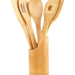 5-Piece Cooking And Serving Wooden Spoon With Stand Beige 30cm