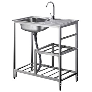 Commercial Sink Kitchen Wash Basin Stainless Steel Single Bowl with Worktable and Faucet for Laundry Room, Backyard