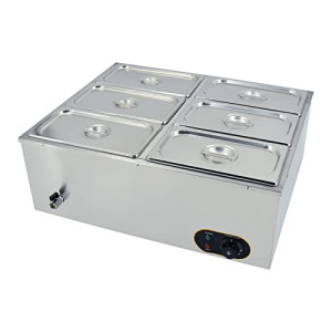 Commercial Food Warmer,Stainless Steel Bain Marie Buffet Warmer 1500W,Temperature Range 30-85 C,GN 1/3 x6 Pans with Lids