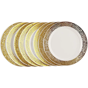 Rosymoment Disposable Plastic Plates 9" With Golden Rim 10 Piece