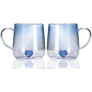 2-Piece Heart Design Inner Drinking Glasses Mug Cup,400ML Couples Cup Coffee Cup,Blue