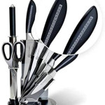 EDENBERG Kitchen Knife Set | 8 pcs Chef Knife Set | Carbon Stainless Steel Knives Set | Super Sharp Cutlery Set with Rotate Stand- 8 Pcs (Silver & Black)