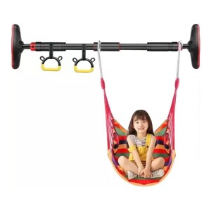 Doorway Pull Up Bar with Indoor Swing Trapeze Bar and Cartoon Gymnastic Rings for Kids Adults,26in-39in with Red Swing
