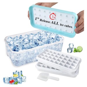 Silicone Ice Cube Tray with Ice Container,Scoop and Cover for Freezer Ice Maker Mold with Container 2 Layer Trays 48 Ice Trays (Blue)