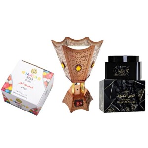 Ultimate Gift Set - Bakhoor Hajar Al Aswad 70Gm | Noor 5253 Charcoal 80Pcs | Electric Incense Burner - (3Pcs Included)