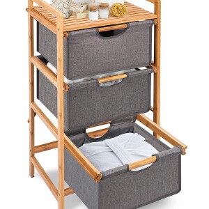 Bamboo Laundry Hamper with Top Shelf,3 Layer Clothes Storage Basket with 3 Pull Out Sliding Oxford Cloth Drawer