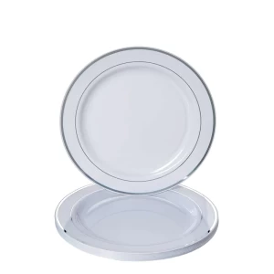 Rosymoment Premium Quality Plastic Dinner Plate 7.5-Inch, Set OF 10 Pieces, Light-Weigh 24grams, White -Silver