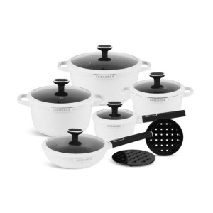 EDENBERG 12 Pcs Die-Casting Aluminum Cookware Set | Saucepan + Deep Frying Pans + Glass Lids + Protective Handle Covers | White- 16cm, 20cm, 24cm, 28cm, 24cm diameter