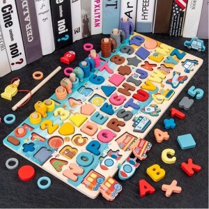 Wooden Number Puzzles Montessori Toys for Toddlers, 7-in-1 Color Alphabet Shape Number Sorting Fishing Game Toys