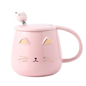 Angelice Home Pink Cat Mug, Cute Kitty Ceramic Coffee Mug with Stainless Steel Spoon, Novelty Coffee Mug Cup for Cat Lovers Women Girls