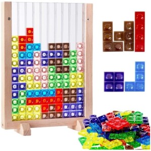Blocks Puzzle Brain Teasers Toy, Intelligent Colorful 3D Plastic Blocks Game with Vertical Wooden Frame Game Board