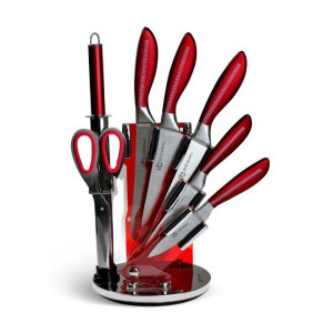 EDENBERG|Professional Kitchen Knives,Shears & Rotary Stand|High Carbon Steel Blade Knife|Multipurpose Sharp Edge Cooking & Cutting Knives- 8 Pieces Set (Silver Red)
