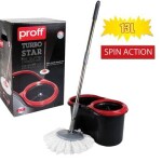 REKO - Turbo Star Spin Mop and Buckets Sets, Microfibre Flat Mop Bucket wirh 1 extra trio Telescopic Handle, Mop and Bucket Kit for a Deep Clean with Two Refills, RED and BLACK