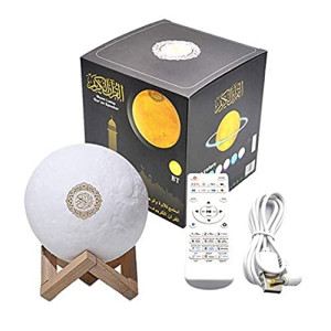 Swthlge 4 in 1 Qur'an Moon Lights 3D Print Lamp 7 Colors LED Night Light, Bluetooth Speaker with Remote, Quran Recitations and Song, FM Broadcast