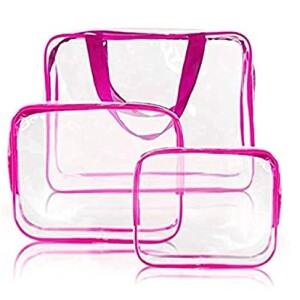 3pcs Clear Portable Makeup Cosmetic Toiletry Travel Bath Wash Storage Bag Transparent Waterproof Pouch Organizer Make Up Bag, Pink