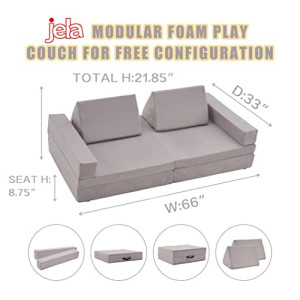 jela Kids Couch 8PCS, Floor Sofa Modular Funiture for Kids Adults, Playhouse Play Set for Toddlers Babies, Modular Foam Play Couch Indoor Outdoor (33"x66"x21.85", lightgrey)
