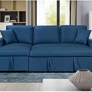 Decorem - Sofa Bed With Cushions L-Shaped Storage Space | Convertible Living Room Furniture (Dark Blue)