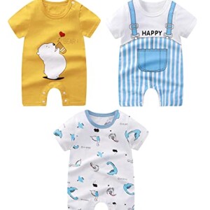 3 Pack Baby Boys Short Sleeve Rompers, One-Piece Cotton Jumpsuit Coverall Creeper Clothes Sets for Infant Toddler, Bodysuit Summer Outfits