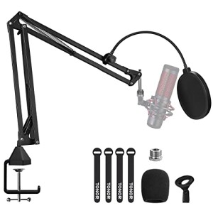 Microphone Arm Stand, TONOR Adjustable Suspension Boom Scissor Mic Stand with Pop Filter, 3/8" to 5/8" Adapter, Mic Clip