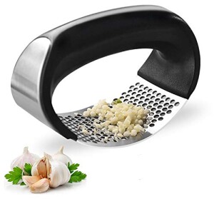 Garlic Press Stainless Steel Crusher and Rocker Plastic Portable Ginger Mincer Squeezer Chopper with Handle Manual Garlic Presser Curved Grindin