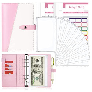 Budget Binder with Cash Envelopes, A6 Stitching PU Leather Budget Binder with Zipper Envelopes and Cash Budget Binder for Saving Money