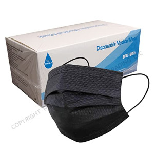 Disposable Surgical Medical Face Mask with Comfortable Ear loops - 3 Layer Non Woven - 50pcs/box (10pcs sealed bag x 5) BLACK