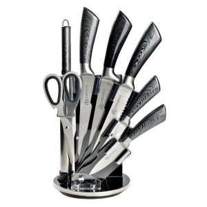 EDENBERG 8 Pcs Knife Set | Knife Set With Roating Stand | Carbon Stainless Steel Kitchen Knife Set with Sharpener- 8 Pieces, Silver-Black Color