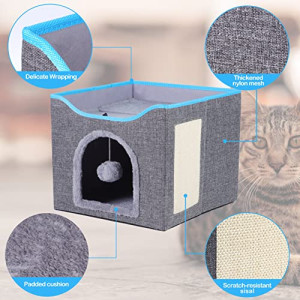  Foldable Cat House with Scratcher,Cat Cube Cave,Cat Bed for Indoor Cats,Cat Nest,Large Pet Play House with Fluffy Ball Hanging,Scratch Pad and Detachable Storage Box