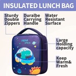 Lunch Bag for Kids, inosaur in space Theme Insulated Blue Lunch Bag for Boys Girls, Child Thermal Tote Cooler Bag Portable Leak Proof for School Picni