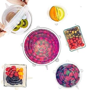 Silicone Stretch Lids, FDA approved, BPA free, Leak proof, Reusable, Durable and Expandable Lids to Keep Food Fresh, 6 Pack to fit Containers, Bowls and Cups of various sizes
