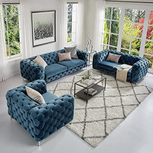 Simple Velvet fabric sofa, the body of the sofa is botton tufted sofa for living room (BLUE)