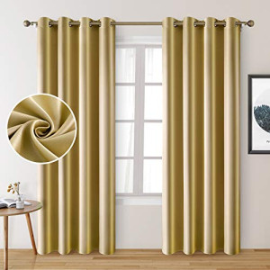 HOMEIDEAS 2 Panels Faux Silk Curtains Gold Blackout Curtains for Bedroom 52 X 96 Inch Room Darkening Satin Drapes/Curtains