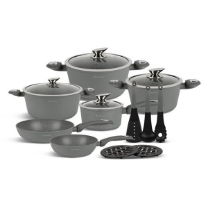 15Pcs Pressed Aluminium Cookware Set Ceramic-Marbled Coat, Non-Stick Coating, Pfoa Free