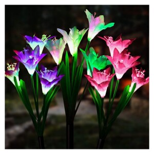 Outdoor Solar Lights, 3 Pack Solar Garden Lights with 12 Bigger Lily Flowers, Waterproof 7 Color Changing Outdoor Lights