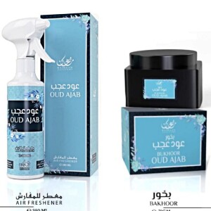 Oud Ajab Home Fragrance Gift Set - Luxurious 350ml Air Freshener & 70gm Bakhoor