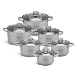 12 pcs Cookware Stainless Steel pots with Glass lids 6 induction friendly microwave safe - Silver
