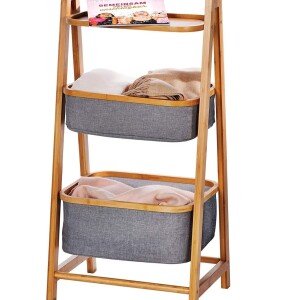 Bamboo Laundry Hamper with Top Shelf,3 Layer Clothes Storage Basket with 2 Removable Sliding Oxford Cloth Drawer