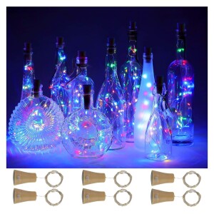 6 pack Wine Bottle Lights with Cork, 2M 20 LED Fairy Lights Solar Light with Silver Wire String Lights for DIY Party Holiday Wedding Indoor Outdoor Colorful