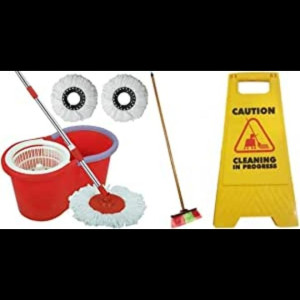Cleaning In Progress Floor Caution Sign Board With 360 Degree Floor Black Spin Mop