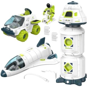 4-in-1 Space Playset for Kids,Rocket Ship Toys with Space Shuttle, Astronaut Figures, Space Rover, Spaces Station,Aerospace Model Space Figure Toys with Sound and Lights
