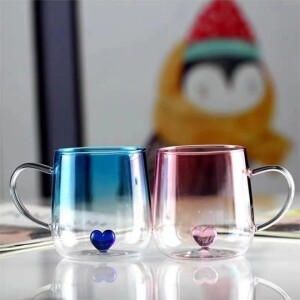 2-Piece Heart Design Inner Drinking Glasses Mug Cup,400ML Couples Cup Coffee Cup