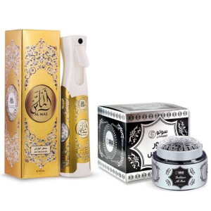 Al Mas Gift Set - 320ml Air Freshener Al Mas & 60gm Bakhoor Oud Muattar Al Mas