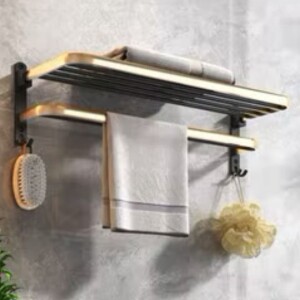 Bathroom Towel Clothes Organizer Wall Mounts Storage Rack Black/Gold 60 x 21 x 18.7 cm